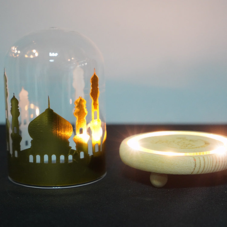 Ramadan Mosque Night Light Glass Cover Wooden Base Decoration