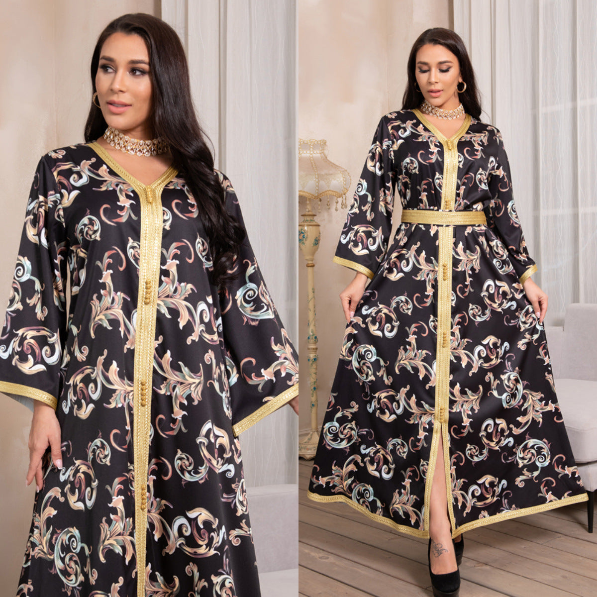 Printed Long Belt Dress Ramadan New Dubai Muslim Women