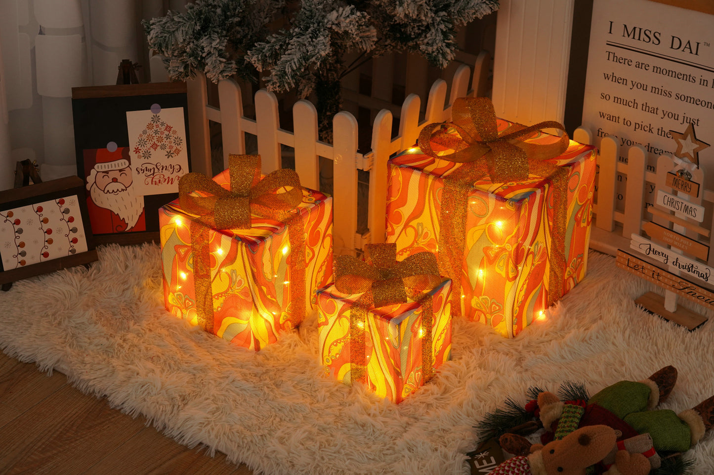 Remote Control Christmas LED Gift Box  Three-Piece Decoration