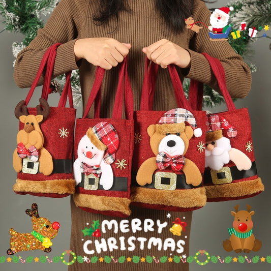 Christmas Decorated Linen Tote Gift Bag