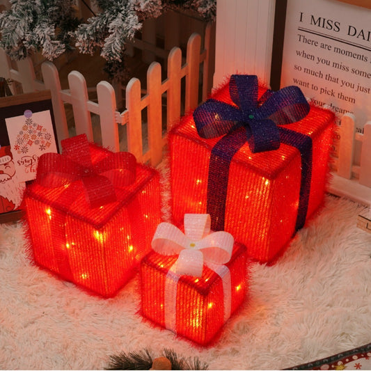 Remote Control Christmas LED Gift Box  Three-Piece Decoration