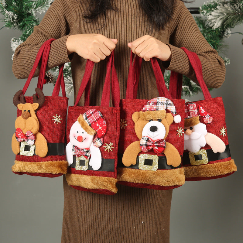 Christmas Decorated Linen Tote Gift Bag