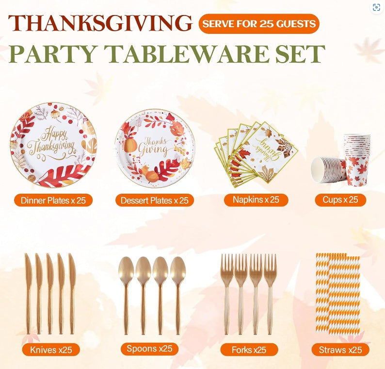 Thanksgiving Party Tableware Set for 25 Guests