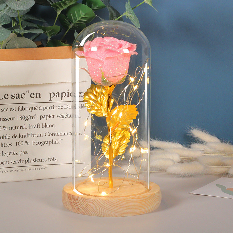 Valentines Day Eternal Rose Flowers LED Light In Gift In Glass Cover