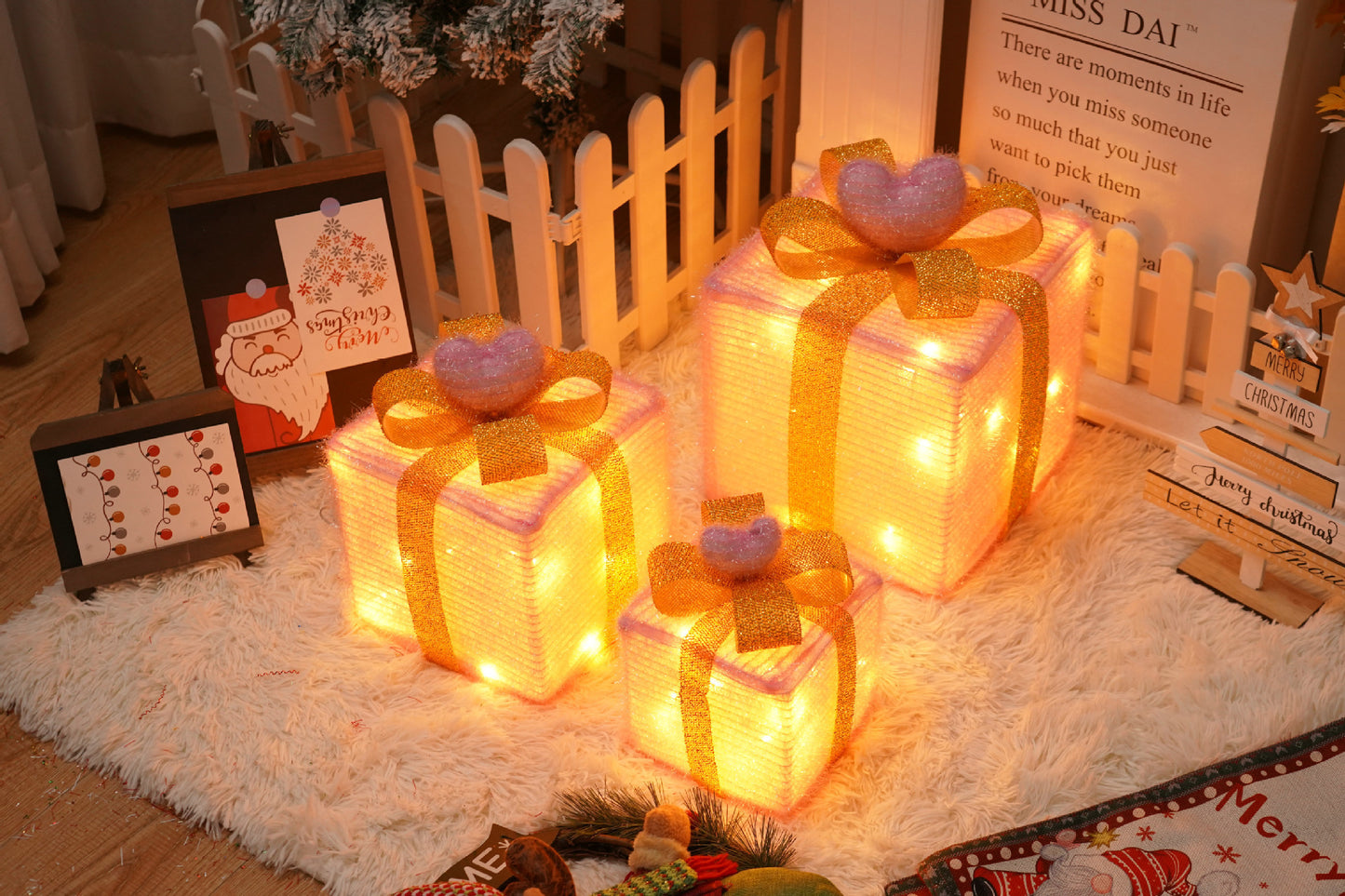 Remote Control Christmas LED Gift Box  Three-Piece Decoration